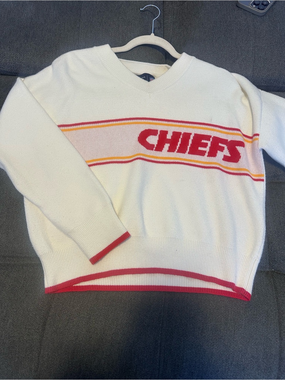 Abercrombie & Fitch Cream V-Neck Sweater with Red & Yellow Stripes